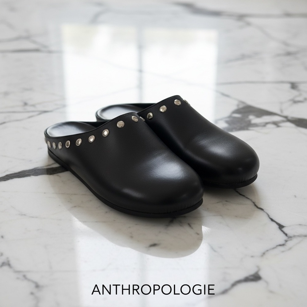 Anthropologie Womens Black Leather Studded Mules Clogs Made in Portugal Size 41